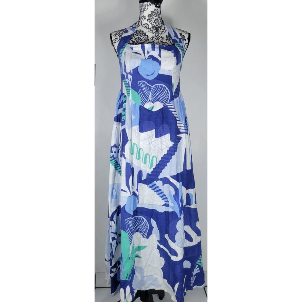 Linen Blend Halter Maxi Dress Blue White Abstract Print Size M NWT